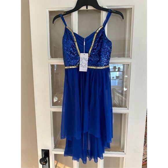 Shiny Sequin Spaghetti Strap blue XS High Low Mesh Tulle Dance Dress Modern Cont - Picture 8 of 10